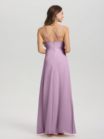 A-Line Spaghetti Straps Ruched Floor Length Chiffon Bridesmaid Dress
