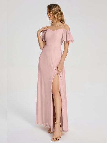 Adelaide A-line Off the Shoulder Chiffon Bridesmaid Dress with Silt
