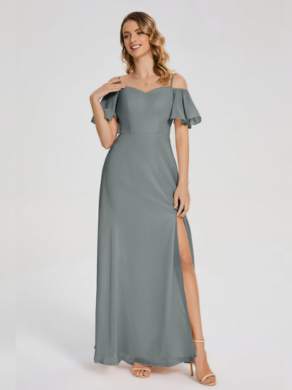 Adelaide A-line Off the Shoulder Chiffon Bridesmaid Dress with Silt