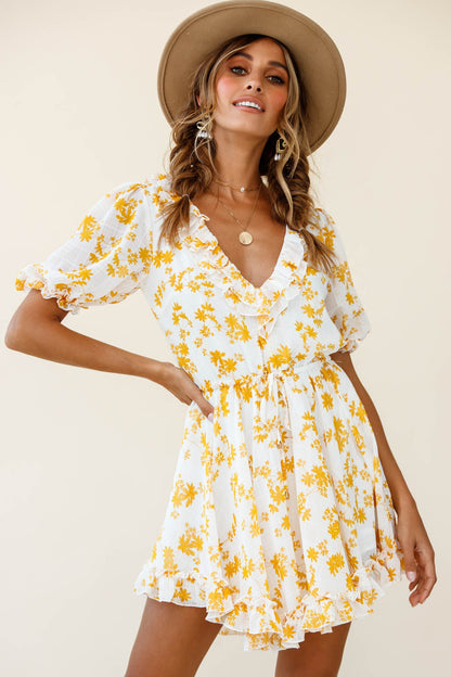 Brianna Puff Sleeve Drawstring Waist Dress Floral Print Yellow