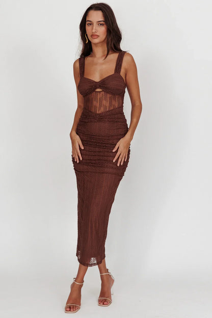 Oliana Embroidered Mesh Midi Dress Chocolate
