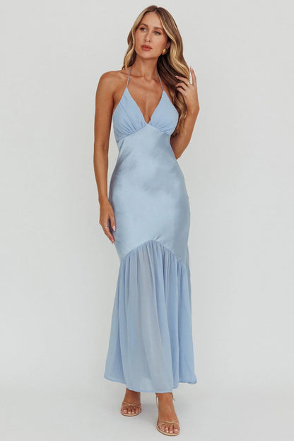 Aysah Chiffon Hem Halter Maxi Dress Light Blue