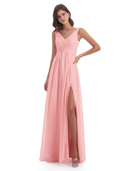 Jurnee Floor Length V-neck Ruched Chiffon Bridesmaid Dresses