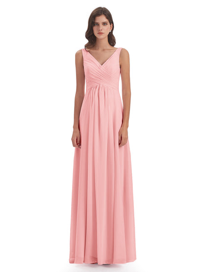 Jurnee Floor Length V-neck Ruched Chiffon Bridesmaid Dresses
