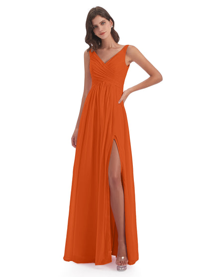 Jurnee Floor Length V-neck Ruched Chiffon Bridesmaid Dresses