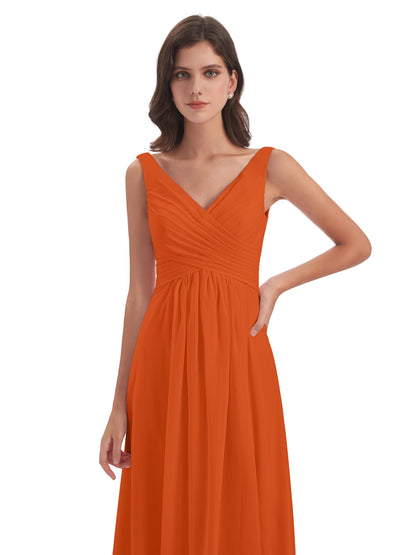 Jurnee Floor Length V-neck Ruched Chiffon Bridesmaid Dresses