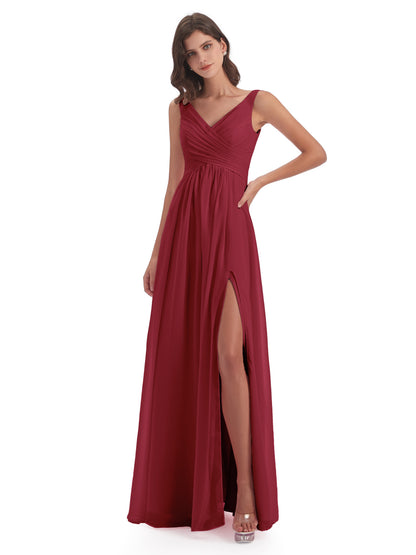 Jurnee Floor Length V-neck Ruched Chiffon Bridesmaid Dresses