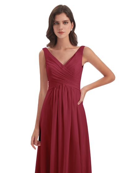Jurnee Floor Length V-neck Ruched Chiffon Bridesmaid Dresses