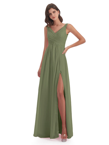 Jurnee Floor Length V-neck Ruched Chiffon Bridesmaid Dresses