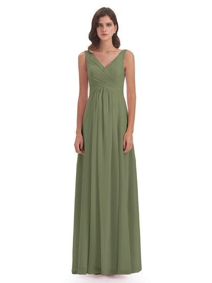Jurnee Floor Length V-neck Ruched Chiffon Bridesmaid Dresses
