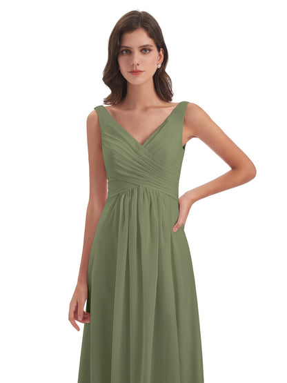 Jurnee Floor Length V-neck Ruched Chiffon Bridesmaid Dresses
