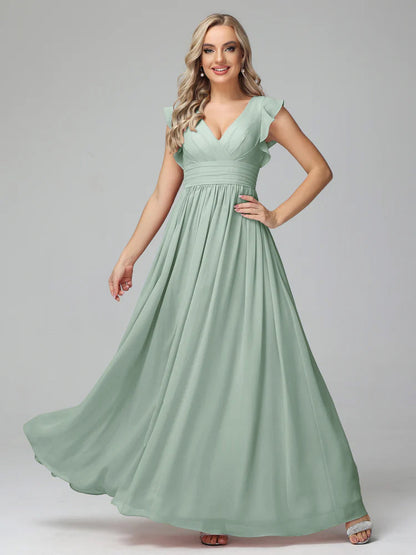 Bonnie V Neck Empire Chiffon Bridesmaid Dresses With Ruffle Sleeves