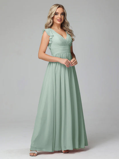 Bonnie V Neck Empire Chiffon Bridesmaid Dresses With Ruffle Sleeves