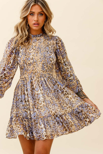 Marja Long Balloon Sleeve Shirred Baby Doll Dress Leopard Print Blue
