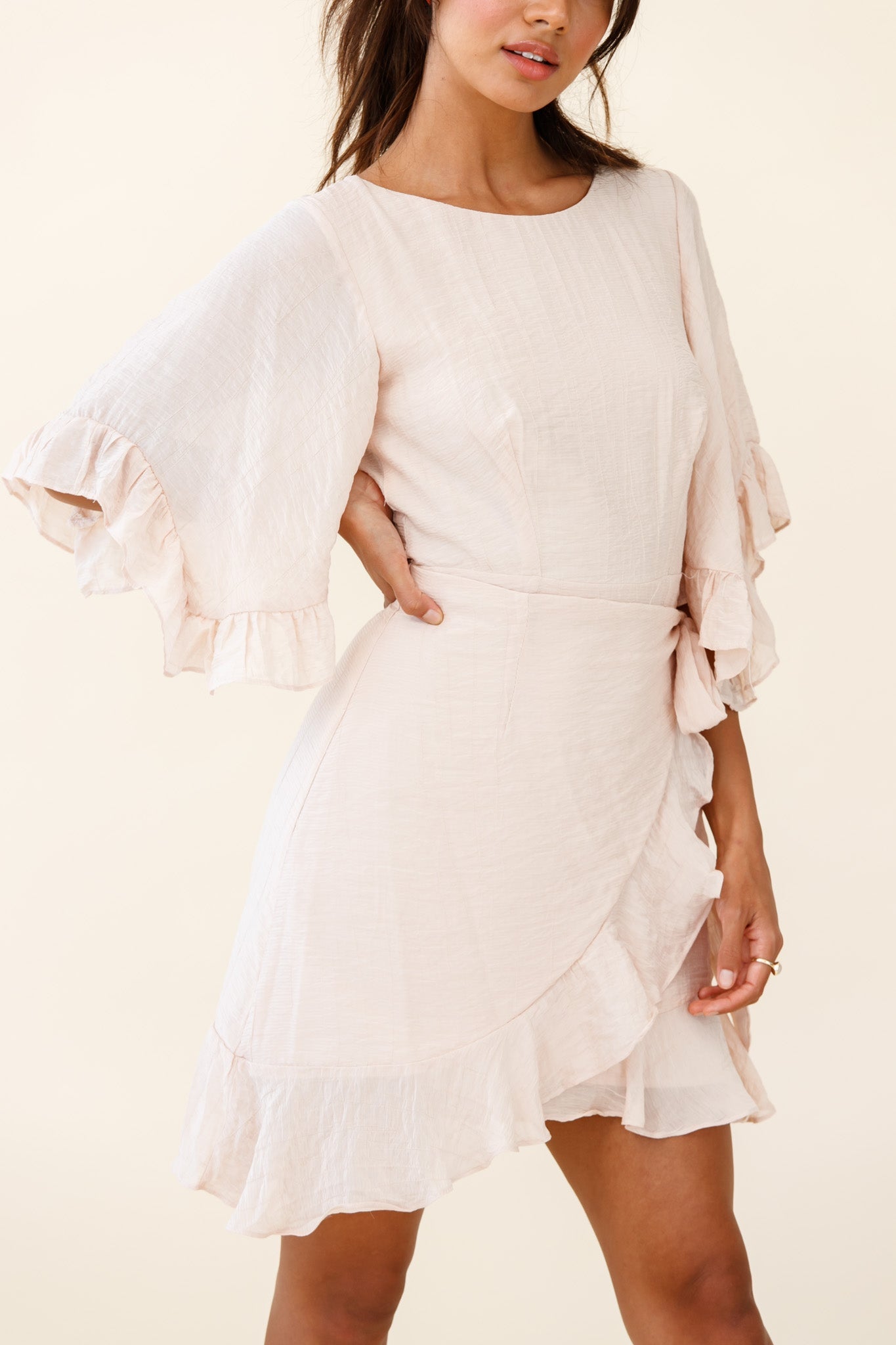 Make It Happen Flared Sleeve Ruffle Trim Dress Beige
