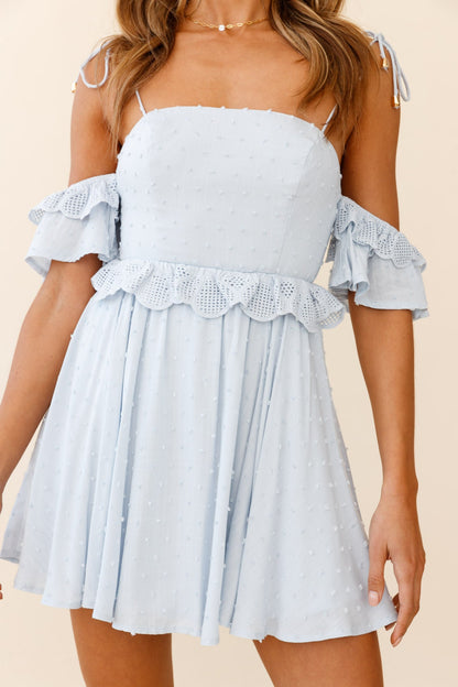 Wayside String Tie Strap Lace Trim Mini Dress Steel Blue