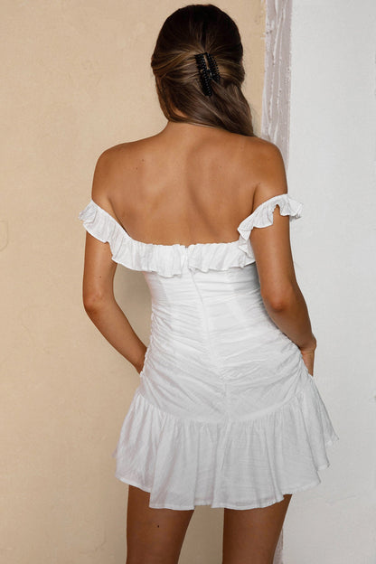 Paradis Off-Shoulder Ruched Bodice Mini Dress White