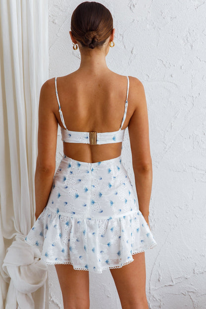 Summer Blossom Buckle Back Eyelet Mini Dress Floral Blue