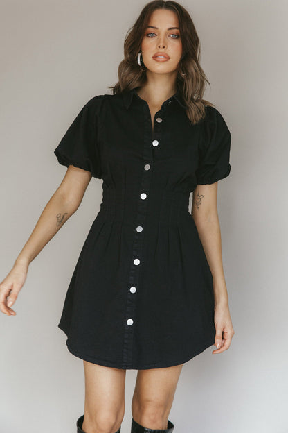 Zurich Pleated Waist Shirt Dress Black