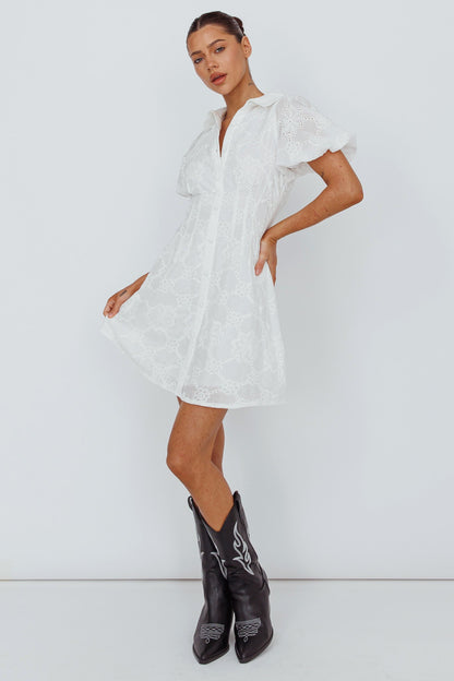 Zurich Pleated Waist Shirt Dress Eyelet White