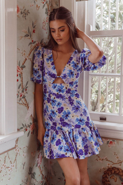 Jemilia Cut-Out Bust Flounce Mini Dress Floral Blue
