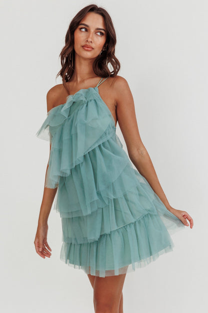 Arrabel Tiered Ruffle Mesh Mini Dress Sage