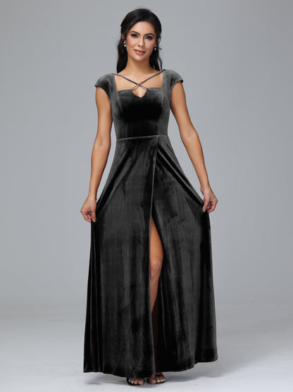 Cap Sleeves Velvet Plus Size Bridesmaid Dress With Slit