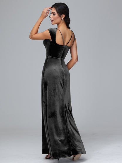 Cap Sleeves Velvet Plus Size Bridesmaid Dress With Slit