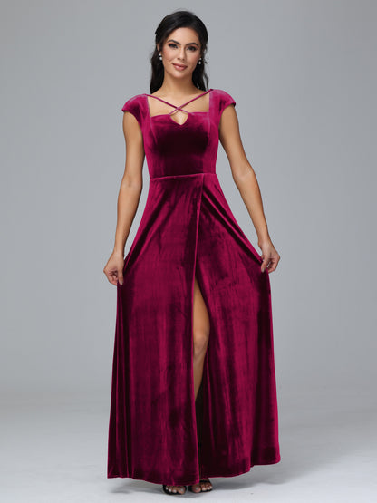 Cap Sleeves Velvet Plus Size Bridesmaid Dress With Slit