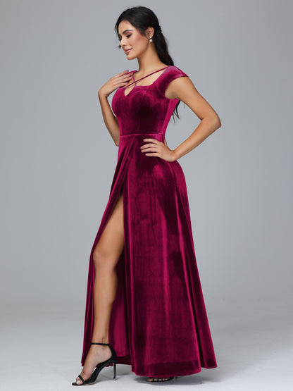 Cap Sleeves Velvet Plus Size Bridesmaid Dress With Slit