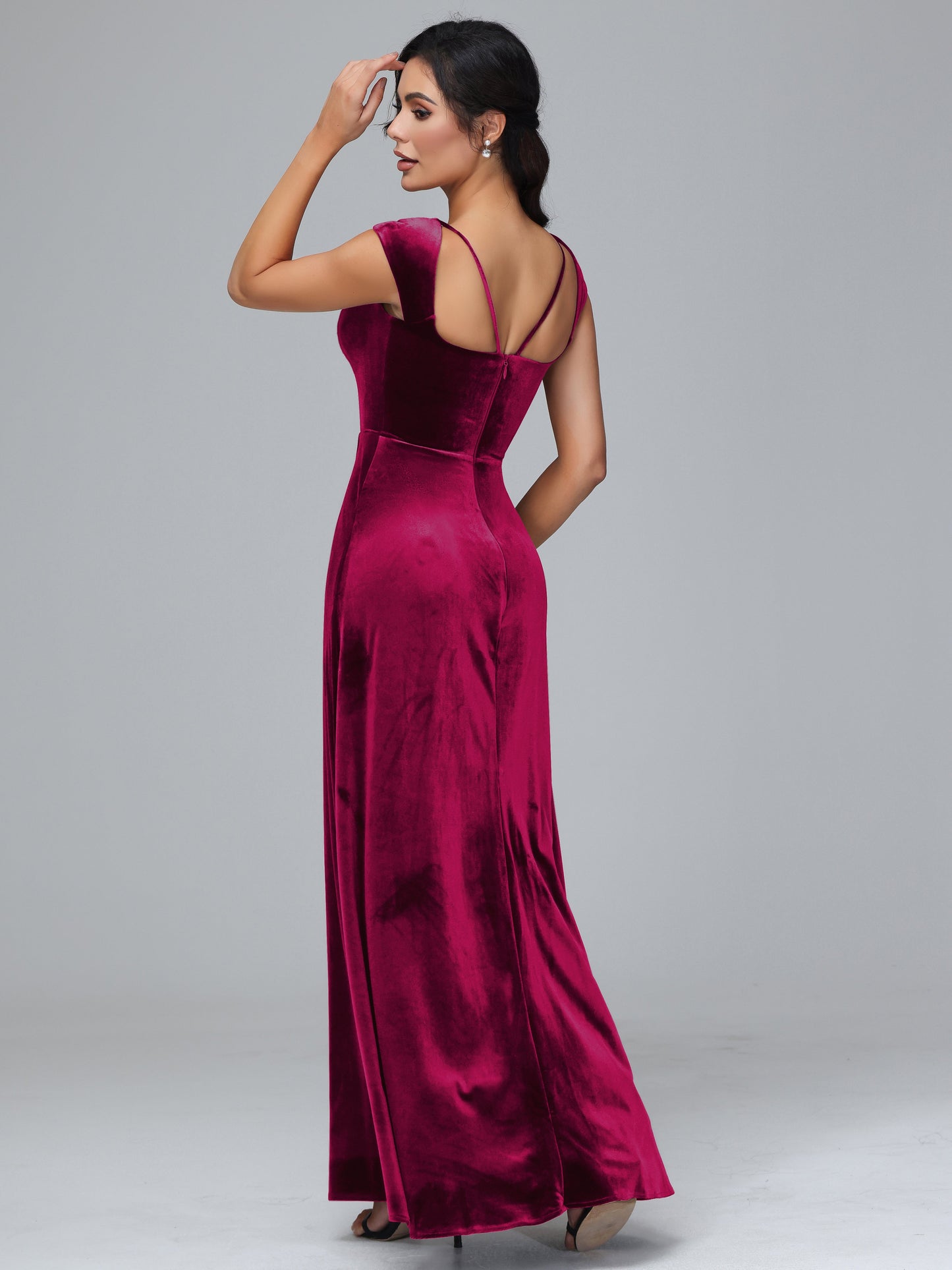 Cap Sleeves Velvet Plus Size Bridesmaid Dress With Slit