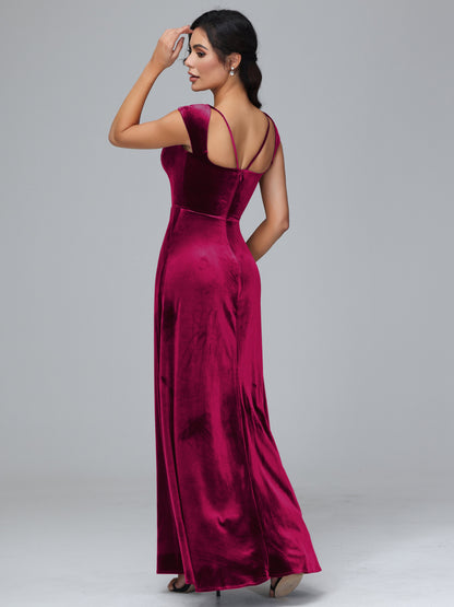 Cap Sleeves Velvet Plus Size Bridesmaid Dress With Slit