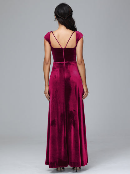 Cap Sleeves Velvet Plus Size Bridesmaid Dress With Slit