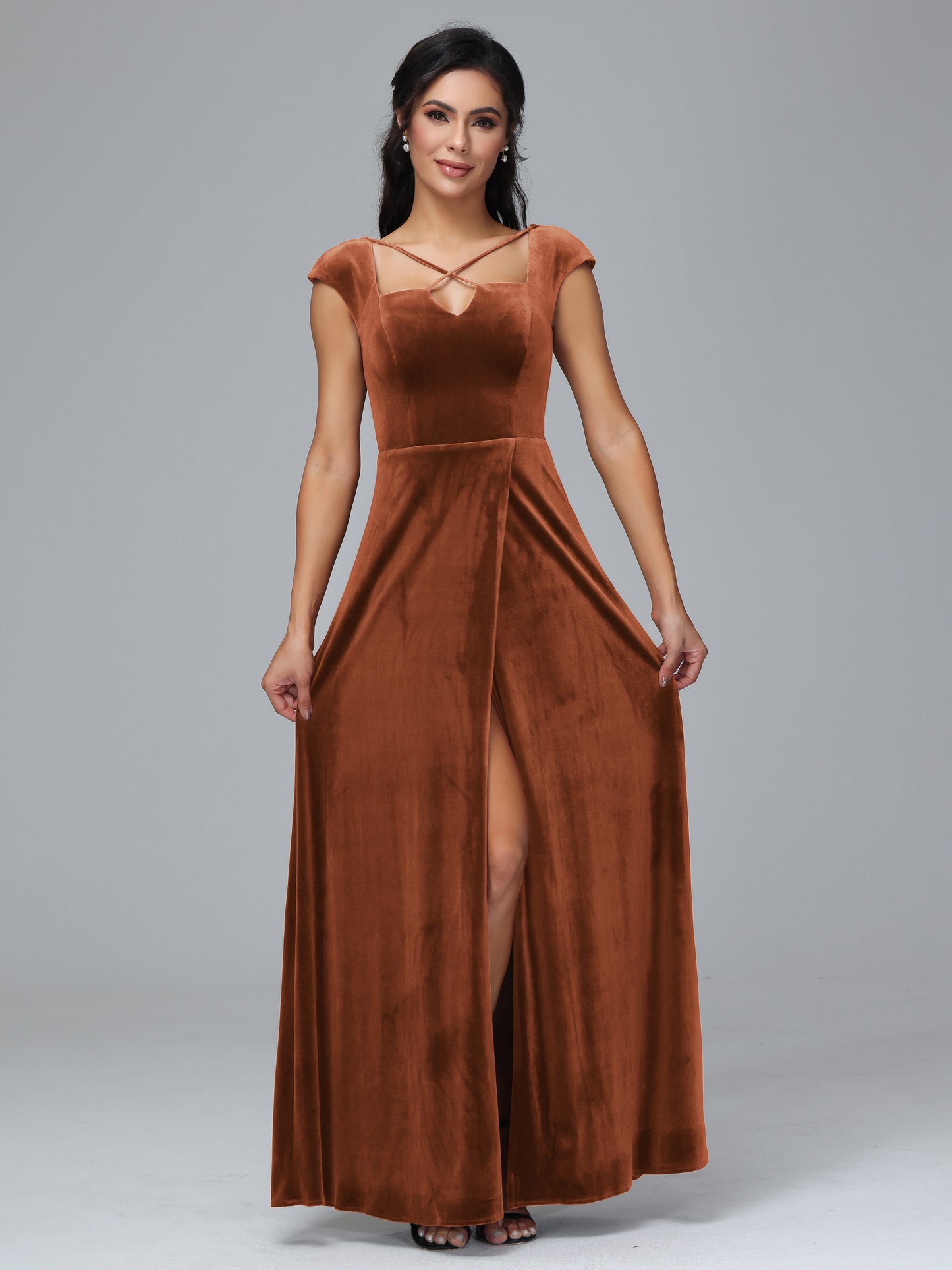 Cap Sleeves Velvet Plus Size Bridesmaid Dress With Slit
