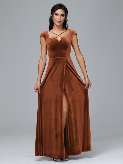 Cap Sleeves Velvet Plus Size Bridesmaid Dress With Slit