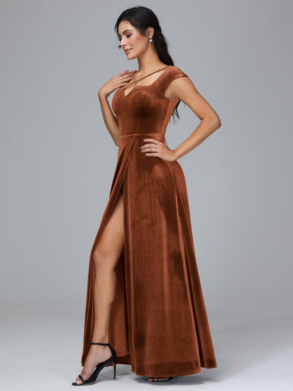 Cap Sleeves Velvet Plus Size Bridesmaid Dress With Slit