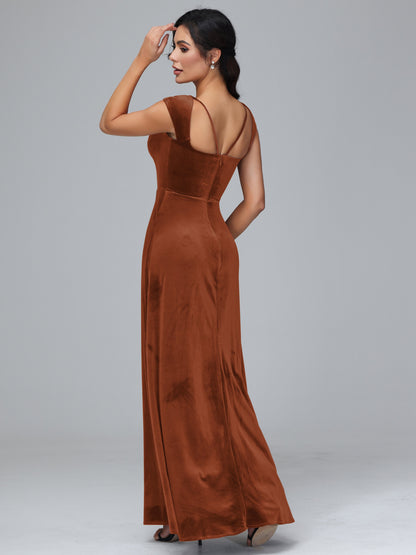 Cap Sleeves Velvet Plus Size Bridesmaid Dress With Slit