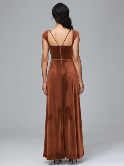 Cap Sleeves Velvet Plus Size Bridesmaid Dress With Slit