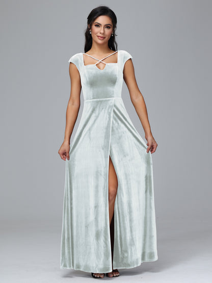 Cap Sleeves Velvet Plus Size Bridesmaid Dress With Slit