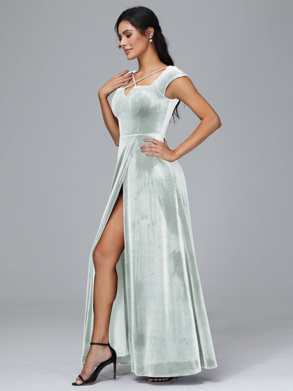 Cap Sleeves Velvet Plus Size Bridesmaid Dress With Slit