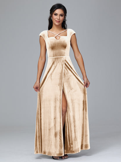 Cap Sleeves Velvet Plus Size Bridesmaid Dress With Slit