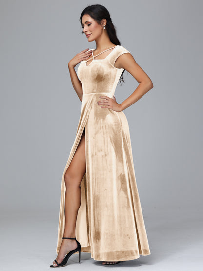 Cap Sleeves Velvet Plus Size Bridesmaid Dress With Slit