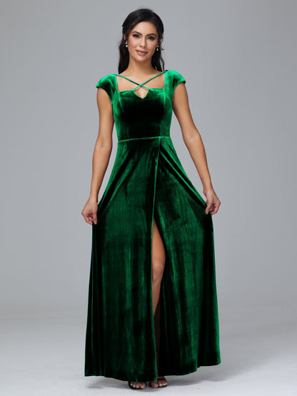 Cap Sleeves Velvet Plus Size Bridesmaid Dress With Slit