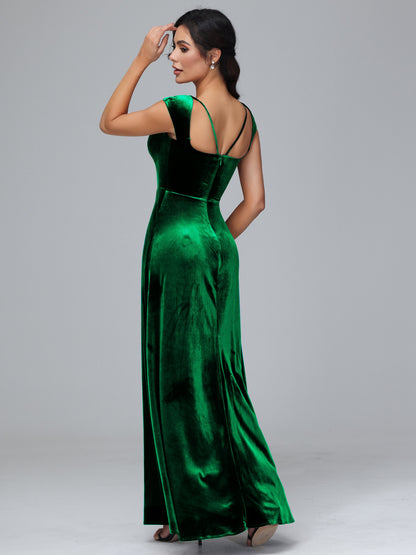 Cap Sleeves Velvet Plus Size Bridesmaid Dress With Slit