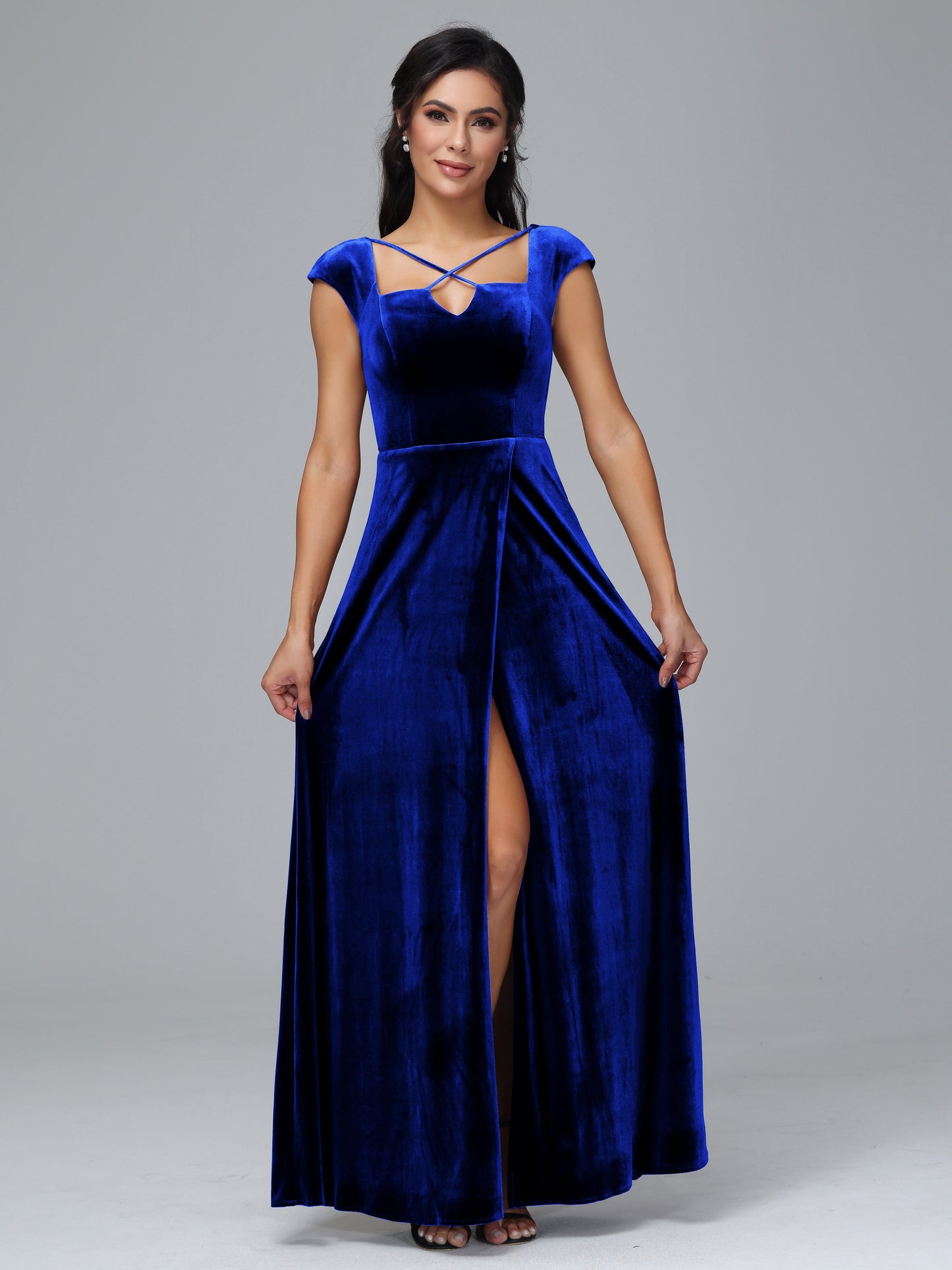 Cap Sleeves Velvet Plus Size Bridesmaid Dress With Slit