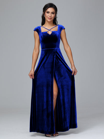 Cap Sleeves Velvet Plus Size Bridesmaid Dress With Slit