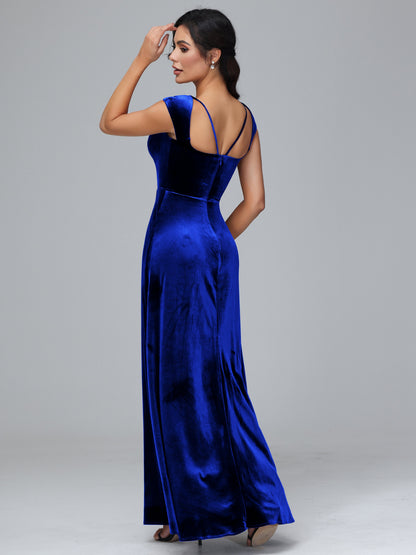 Cap Sleeves Velvet Plus Size Bridesmaid Dress With Slit