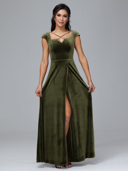 Cap Sleeves Velvet Plus Size Bridesmaid Dress With Slit