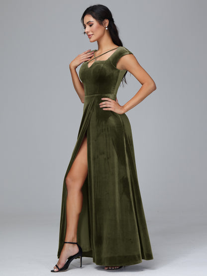 Cap Sleeves Velvet Plus Size Bridesmaid Dress With Slit