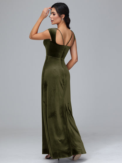 Cap Sleeves Velvet Plus Size Bridesmaid Dress With Slit